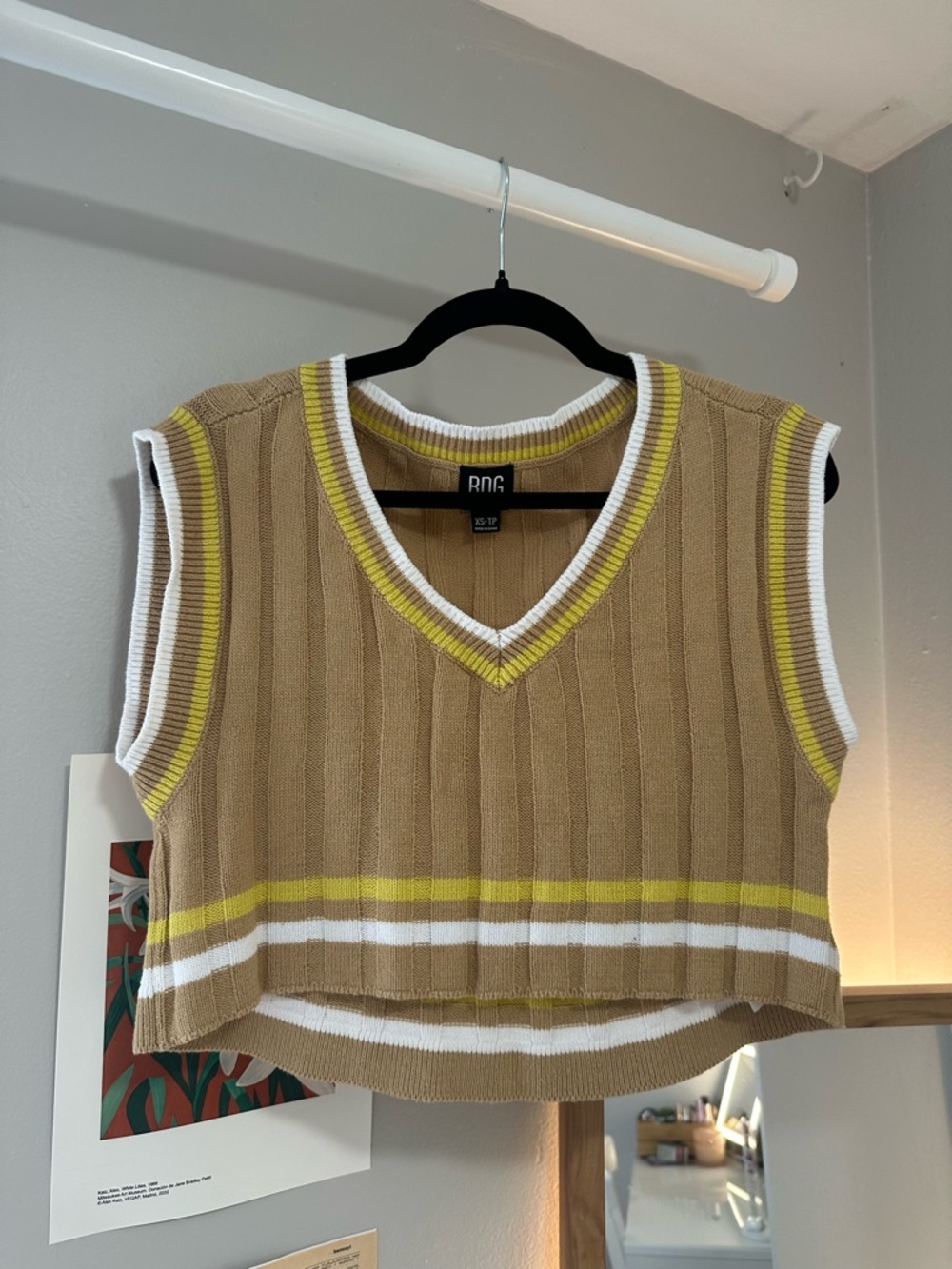 BDG Camel Sleeveless Knit Vest with Yellow & White Trim